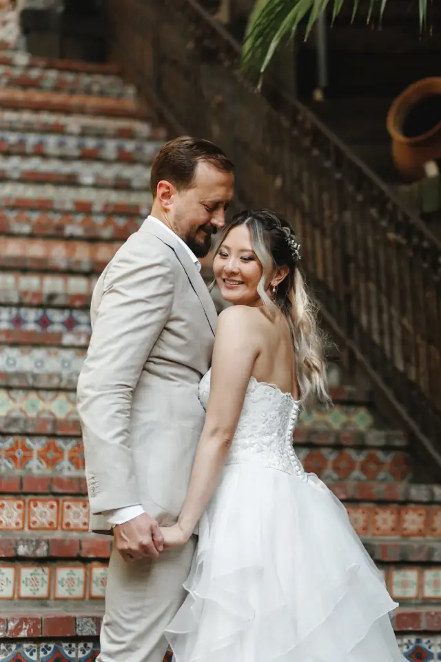 Jenny and Ken wedding at the Hollywood Hills in Los Angeles — Spanish tile & the pool, photograph 1
